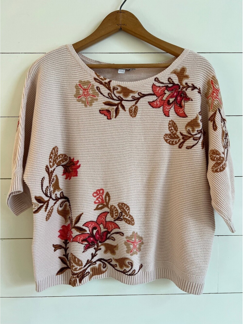Chico's Ribbed Cotton Floral Dolman Sleeve Sweater Bateau Neck Size 1 Med Boho